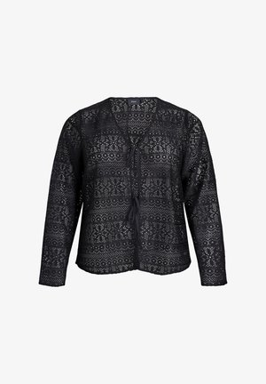 Black lace cardigan with long sleeves, open front, and tie closure. Features intricate patterns with cutouts and a textured finish.