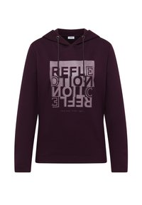 Lila Kapuzenpullover mit einem frontalen Grafikdesign, auf dem das Wort "REFLECTION" in Silber steht. Er hat eine verstellbare Kapuze und lange Ärmel.