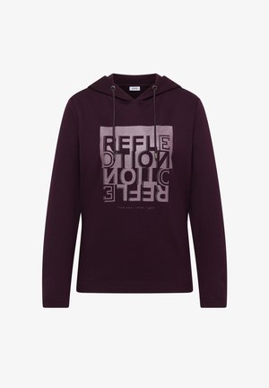 Lila Kapuzenpullover mit einem frontalen Grafikdesign, auf dem das Wort "REFLECTION" in Silber steht. Er hat eine verstellbare Kapuze und lange Ärmel.