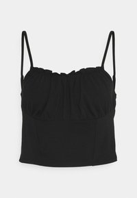 Černý zkrácený top s nastavitelnými tenkými ramínky, se shromážděnou tkaninou v oblasti poprsí a hladkou, přiléhavou dolní částí.