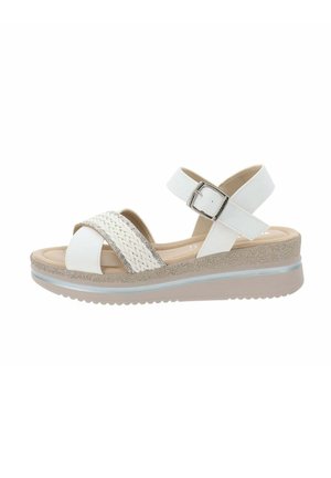 Sandali platform bianchi con accentuazione intrecciata in argento, due cinturini anteriori e un cinturino alla caviglia regolabile, suola a zeppa beige testurizzata.