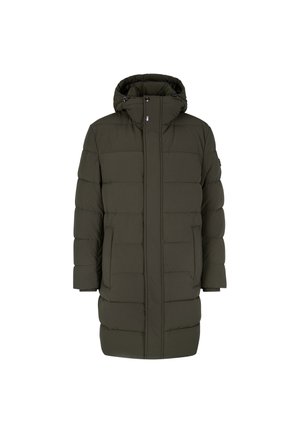 Olivgrüner Puffer-Mantel mit Kapuze, langem Schnitt, gestepptem Muster, Frontreißverschluss und zwei Seitentaschen.