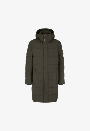 Olivgrüner Puffer-Mantel mit Kapuze, langem Schnitt, gestepptem Muster, Frontreißverschluss und zwei Seitentaschen.