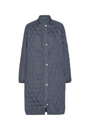 Quiltet lang jakke i mørk marineblå, med høj krave, trykknaplukning og diamantmønster struktur. Inkluderer sidelommer.