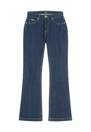 Ciemnoniebieskie dżinsy z lekkim rozszerzeniem, pięciokieszeniowym krojem oraz zapięciem na guzik i zamek błyskawiczny z przodu.