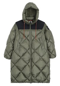 Cappotto imbottito verde oliva con pannello superiore nero, motivo a rombi, cappuccio e lacci arancioni. Presenta chiusura a pressione e tasche laterali.