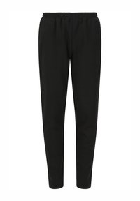 Zwarte taps toelopende joggers met een elastische tailleband, gemaakt van zacht katoen. Heeft een gladde textuur en een minimalistisch ontwerp.