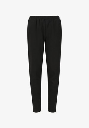 Zwarte taps toelopende joggers met een elastische tailleband, gemaakt van zacht katoen. Heeft een gladde textuur en een minimalistisch ontwerp.