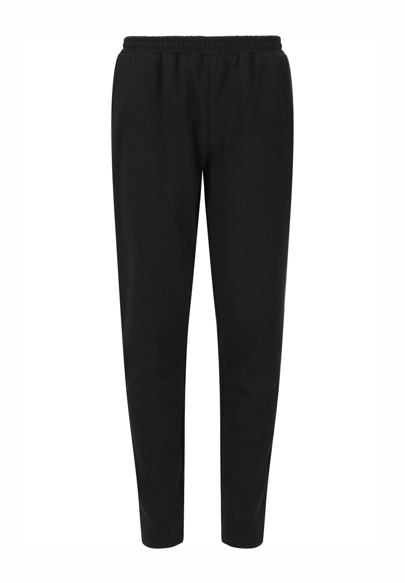Zwarte taps toelopende joggers met een elastische tailleband, gemaakt van zacht katoen. Heeft een gladde textuur en een minimalistisch ontwerp.