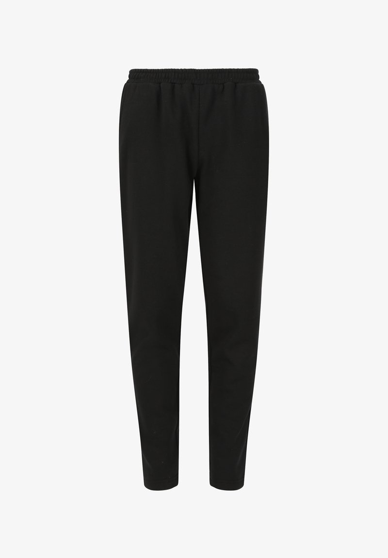 Zwarte taps toelopende joggers met een elastische tailleband, gemaakt van zacht katoen. Heeft een gladde textuur en een minimalistisch ontwerp.