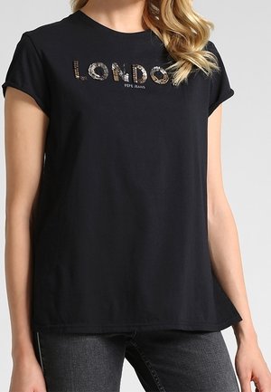 Czarny t-shirt z krótkim rękawem z grafiką "LONDYN" o różnych fakturach. Okrągły dekolt, luźny krój, wykonany z miękkiej bawełny.