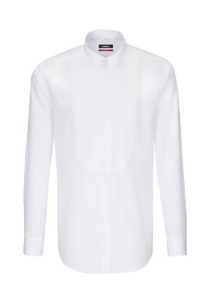 Chemise blanche à manches longues en tissu lisse avec un col classique, une fermeture à boutons et un détail plissé à l'avant. Design épuré et simple.