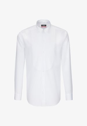 Chemise blanche à manches longues en tissu lisse avec un col classique, une fermeture à boutons et un détail plissé à l'avant. Design épuré et simple.