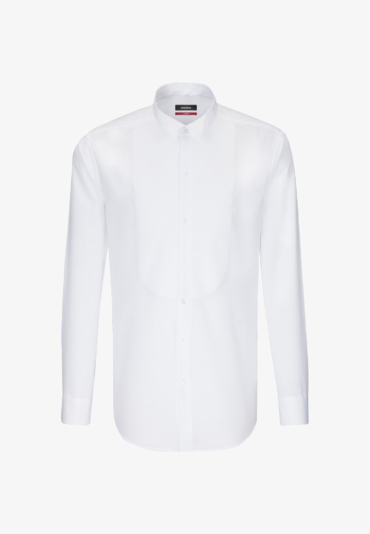 Chemise blanche à manches longues en tissu lisse avec un col classique, une fermeture à boutons et un détail plissé à l'avant. Design épuré et simple.