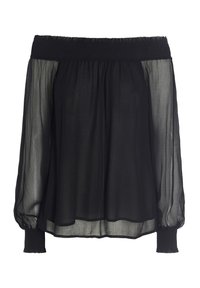 Juoda off-shoulder bliuska, pagaminta iš permatomo audinio. Yra elastinė apykaklė ir pūstinės ilgos rankovės su surinktomis rankogaliais. Lengvas ir vėjuotas tekstūras.