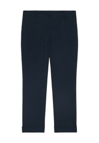 Pantaloni blu navale realizzati in tessuto liscio. Presentano una chiusura con bottone, passanti per cintura e orli risvoltati. Design a gamba dritta con dettagli minimi.