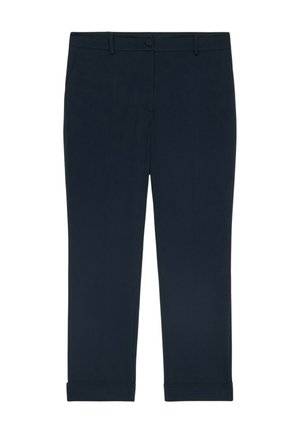 Navy blue trousers made of smooth fabric. Features a button closure, belt loops, and turn-up hems. Straight-leg design with minimal details.