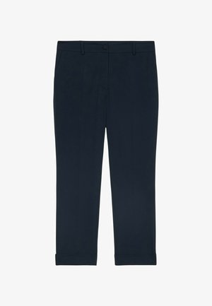 Marineblaue Hose aus glattem Stoff. Verfügt über einen Knopfverschluss, Gürtelschlaufen und umgeschlagene Säume. Gerades Bein Design mit minimalen Details.