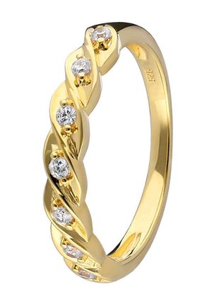 Gold twisted ring featuring five round clear gemstones set in alternating positions. Smooth finish with a polished shine.