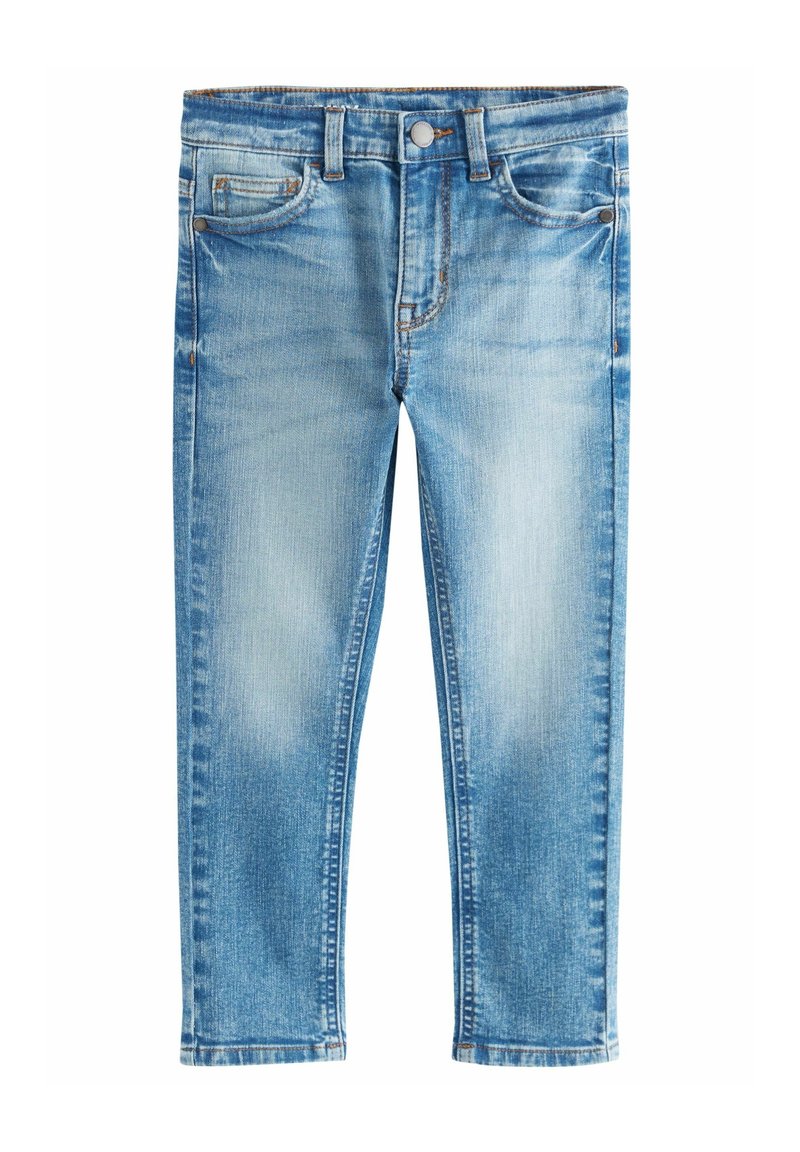 Jean en denim bleu clair délavé avec bouton devant, fermeture éclair, passants de ceinture et cinq poches, présenté sur fond blanc.