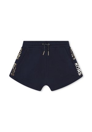 Pantaloni corti blu navy realizzati in tessuto morbido, con tasche laterali e vita con cordoncino. Marchio dorato 'KORS' su entrambi i lati.