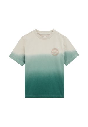 Tričko s krátkym rukávom a okrúhlym výstrihom, s prechodovou farbou od béžovej po zelenú a malým okrúhlym logom hory na ľavej strane hrudníka.