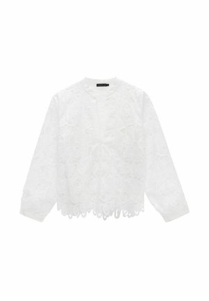 Witte cropped blouse met een ingewikkeld bloemenkantpatroon, lange mouwen en een onbewerkt rand onderaan. Geen zichtbare sluitingen.