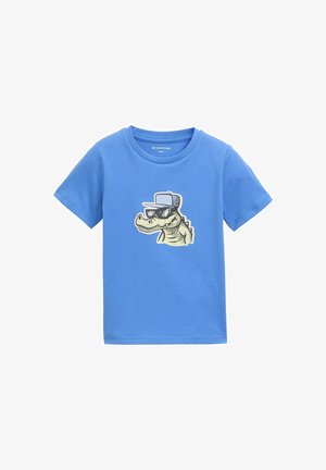 Blue cotton t-shirt featuring a graphic of a crocodile wearing sunglasses and a cap. Short sleeves and a round neck design.