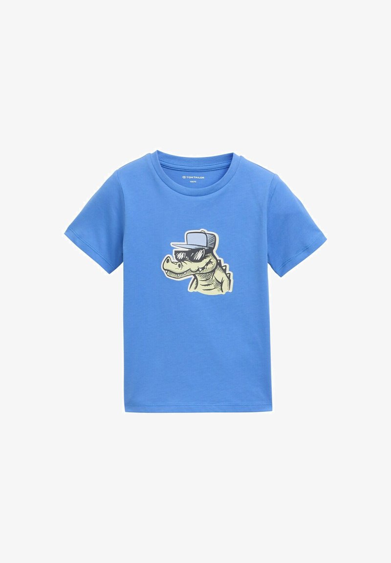 Blue cotton t-shirt featuring a graphic of a crocodile wearing sunglasses and a cap. Short sleeves and a round neck design.