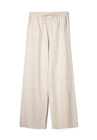 Beiga vida byxor med elastisk midja, snörningsdetalj och sidofickor. Tillverkade av lättviktsmaterial med en slät textur.