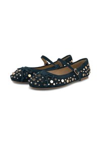 Ballerine in suede blu scuro con punta rotonda, decorate con borchie dorate e punte, dotate di fiocco e dettagli con cinturino alla caviglia.