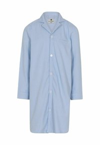 Lyseblå stribet natkjole med lange ærmer, knaplukning foran og brystlomme. Blødt stof med en glat tekstur.