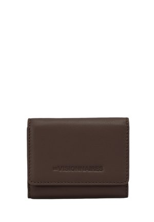 Compact dark brown leather wallet with embossed "LES VISIONNAIRES" text on the front flap, clean stitching along edges.