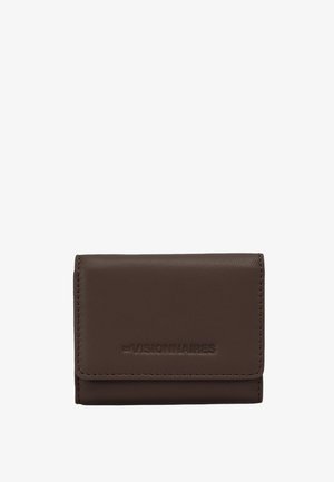 Compact dark brown leather wallet with embossed "LES VISIONNAIRES" text on the front flap, clean stitching along edges.