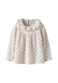 Hvid langærmet bluse med en rynket krave, dekoreret med et blomstermønster og samlet detaljer. Blødt stof med elastiske manchetter.