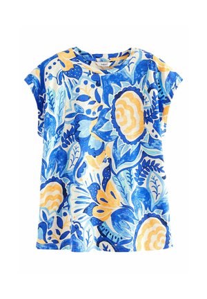 T-shirt à manches courtes avec un motif floral et feuillage bleu vif, jaune et blanc sur fond blanc.