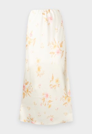 Jupe midi couleur crème avec imprimé floral rose pâle et beige, dotée d'une taille élastique et d'un tissu lisse et fluide.