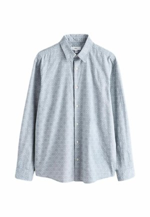 Hellblaues, langärmeliges Hemd mit einem dezenten geometrischen Muster, Button-Down-Kragen und Knopfleiste vorne. Weiche Stoffstruktur.