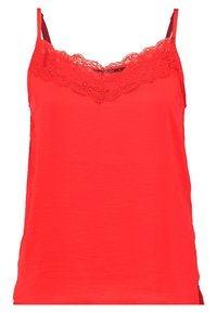 Camiseta roja con tirantes ajustables. Borde de encaje texturizado alrededor del escote. Tejido suave y ligero con corte recto.