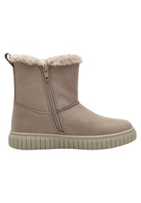 Beige ankelstøvler med en blød pelsforing i kraven, sidelukning med lynlås og en tekstureret gummisål med lodrette riller. Glat suede-lignende overflade.