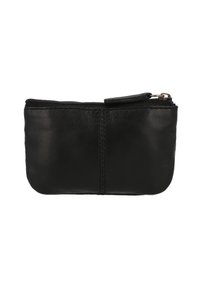 Černá kožená zipová taštička s hladkým povrchem, zaobleným tvarem a kontrastním stehem podél centrální švu. Vhodná pro malé předměty.