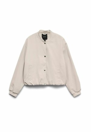 Licht beige bomberjack met een ronde kraag, drukknoopsluiting en elastische manchetten. Soepele stof met zijzakken en een verkort zoom.