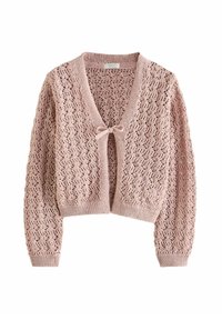 Cardigan tricotat roz deschis, cu deschidere frontală, model din dantelă, mâneci lungi și detaliu cu fundiță la talie. Textură moale.