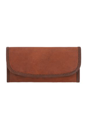 Portafoglio in pelle marrone con chiusura a pattina, caratterizzato da cuciture decorative lungo i bordi. Texture liscia, forma rettangolare.