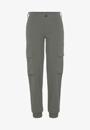 Cargo pants in olive green, featuring multiple pockets, a drawstring waist, and ribbed cuffs. Made from lightweight, breathable fabric.