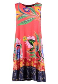 Barevné šaty bez rukávů v růžové barvě s tropickými květinovými vzory. Obsahují tisky listů a kontrastní tmavě modrý lem s květinovými motivy.