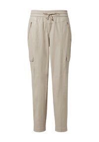 Beige faux leren broek met een koord in de taille, twee zijritszakken en cargozakken, met een slim fit en een gladde textuur.