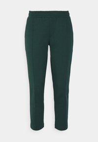 Dunkelgrüne, gerade geschnittene Hose mit elastischem Bund und vorderen Nahtdetails, auf einem weißen Hintergrund präsentiert.