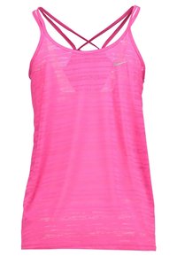 Top sportivo rosa con un design a strisce testurizzate, dotato di scollo rotondo e spalline incrociate sul retro. Realizzato in materiale leggero.