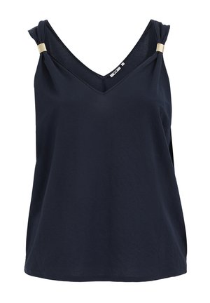Haut sans manches bleu marine femme avec encolure en V et bretelles froncées maintenues par des accents métalliques dorés.